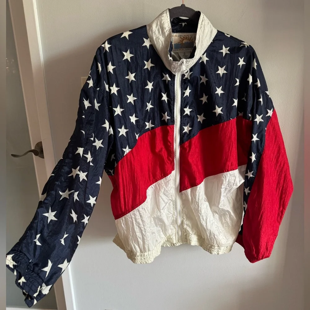 Vintage 80s Retro Solare Sporta Stars Stripes Americana Style Windbreaker Jacket - Picture 3 of 10